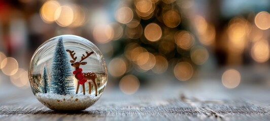 Transparent glass Christmas ornament on cozy living room table, reindeer with red scarf and mini Christmas tree inside snowy globe, warm fairy lights, photorealistic, space for text
