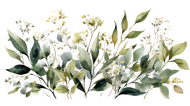 Delicate watercolor botanical illustration of green leaves and white flowers isolated on transparent background