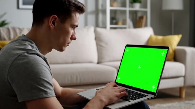 Green Screen young adult analyzing laptop display with in living room using mockup template isolated copy space and blank chrma key background on computer remote school student scene 3 distortion