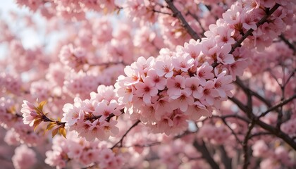 Delicate Pink Cherry Blossom Blooms on Branch in Spring Sunshine