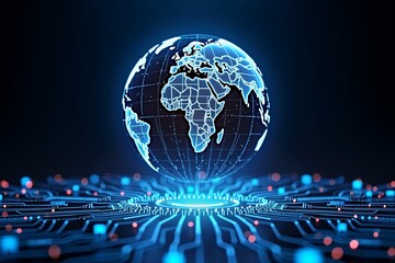 Glowing globe rests on circuit board, symbolizing global digital connectivity and advanced technology in a futuristic, blue-lit environment.