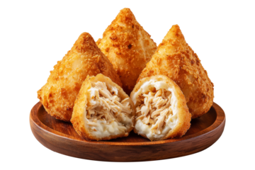 Crispy Brazil coxinha snack filled with shredded chicken croquettes and creamy cheese on wooden plate, isolated on white transparent background, concept of South American Cuisine
