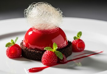 Indulge in elegant red raspberry dessert with mint garnish on white plate