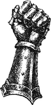 Stipple vector of a medieval knight's steel gauntlet, detailed armor piece engraving for historical illustration, fantasy game, or logo
