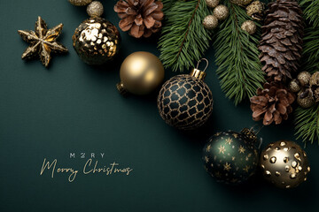 A festive arrangement of pine sprigs pinecones and glittering golden and green ornaments with a Merry Christmas message in elegant script