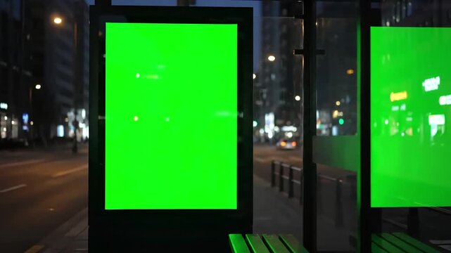 Green Screen bus stop advertising billboard at night scene 3 with distortion, overlay, glitch, static noise, scan lines on black background, 4k animated video loop