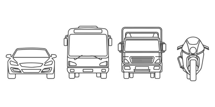 CAD Drawings. Front view of vehicles &mdash; car, bus, truck and motorcycle. Vector illustration.