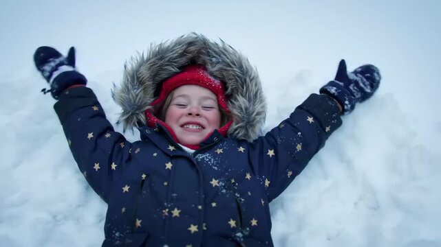 Happy child making a snow angel while lying in fresh snow wearing winter coat, hat, and gloves