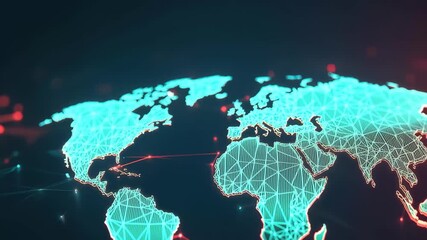 Digital representation of a world map illustrating interconnected nodes and lines, symbolizing global communication and data exchange in technology networks.