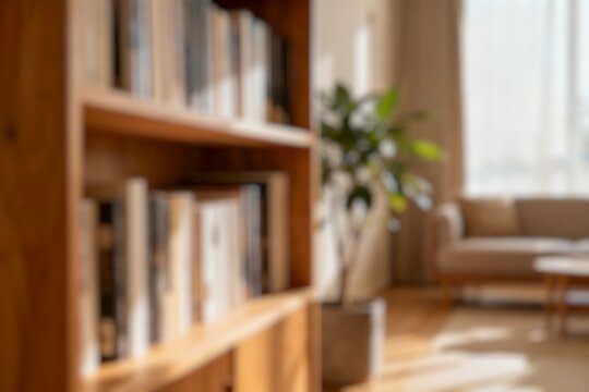 Blur image of Cozy Reading Space with Sofa Near Window Surrounded by Books and Lush Green Plants in Natural Light. Blurred Background Photo.