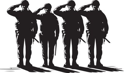 Silhouette soldiers saluting with respect and honor