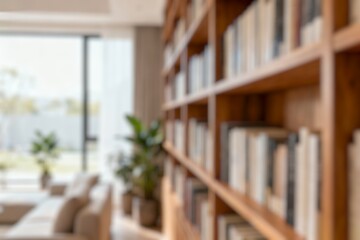 Blur image of a beautifully arranged home library featuring wooden shelves filled with a variety of books and adorned with vibrant green plants, creating a tranquil and inviting atmosphere.