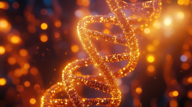 Dna helix structure glowing orange in abstract molecular environment