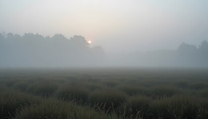Serene Foggy Landscape at Sunrise with Soft Light and Calm Atmosphere