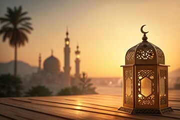 Ramadan Lantern Glow A Mosque Silhouette at Sunset - Celebrating Culture and Faith