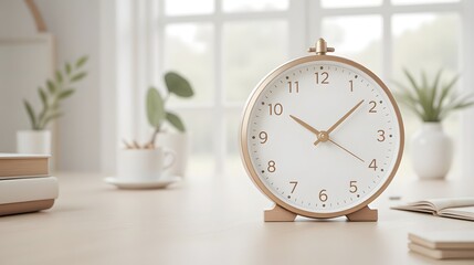 Elegant gold alarm clock on minimalist desk with books and plants, perfect for study vibes, time management concepts, or serene work from home lifestyle