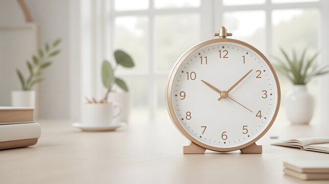 Elegant gold alarm clock on minimalist desk with books and plants, perfect for study vibes, time management concepts, or serene work from home lifestyle