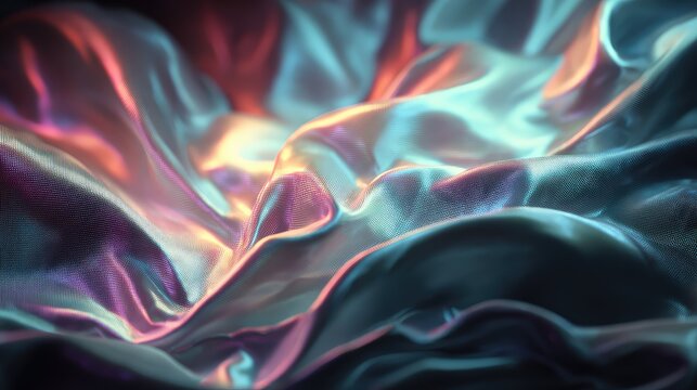 Iridescent shimmering fabric creating abstract holographic texture waves