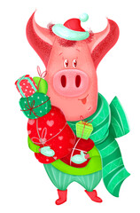 A pink piglet in a scarf and a New Year's hat stands and holds boxes with gifts. New Year's Day children's illustration. Postcard, clipart, sticker
