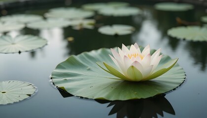 Tranquil Water Lily Blossoming on Leaf Surface in Serene Pond