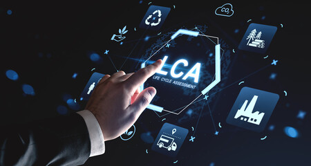 Hand interacting with LCA life cycle assessment interface surrounded by environmental icons on...