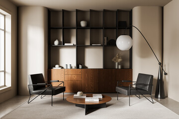 Modern minimalist interior design with sculptural furniture, wooden accents, and wall shelving in soft natural lighting and neutral-toned living space. 3D Rendering