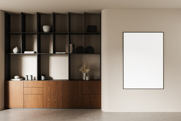 Blank vertical poster mockup on modern beige interior wall with shelves and wooden cabinets for product presentation or design layout concept display. 3D Rendering