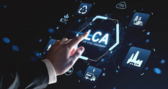 Hand interacting with LCA life cycle assessment interface surrounded by environmental icons on futuristic digital screen, sustainability concept displayed clearly.