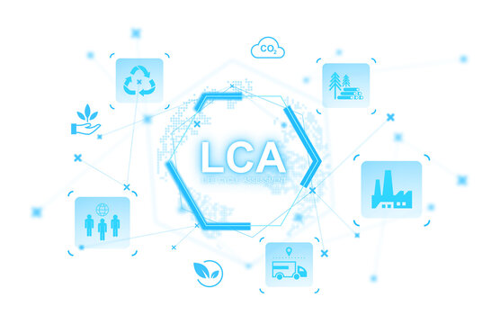 Environmental life cycle assessment concept with blue eco icons and hexagonal frame design on white digital background for sustainability illustration. 3D Rendering - Powered by Adobe