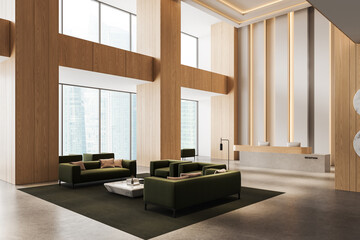 Modern hotel lobby interior with minimalist green seating, large windows, wood panel walls, and a sleek concrete reception desk. 3D Rendering. 3D Rendering