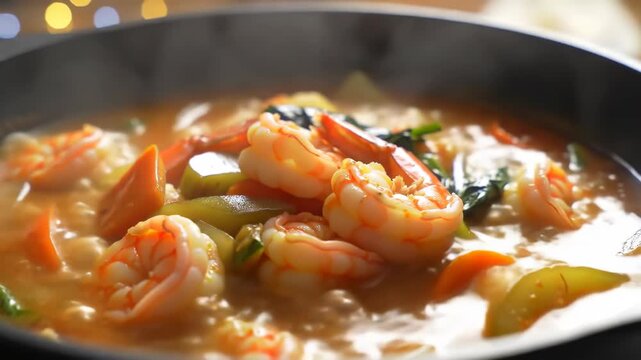 Close-up of hot, steaming shrimp soup in a pan, with vegetables, for culinary or food blog use