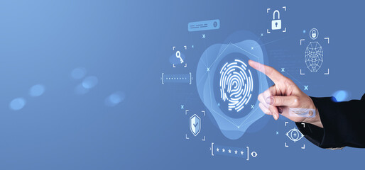 Finger touching digital fingerprint icon for biometric data security and identity verification on futuristic blue background interface concept screen.