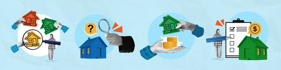 Creative collage concept of real estate search, property investm