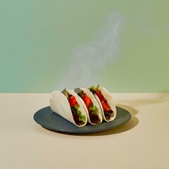Steaming hot tacos with beef, cheese, lettuce, and tomatoes, captured in dramatic studio lighting on a smooth light-green background.