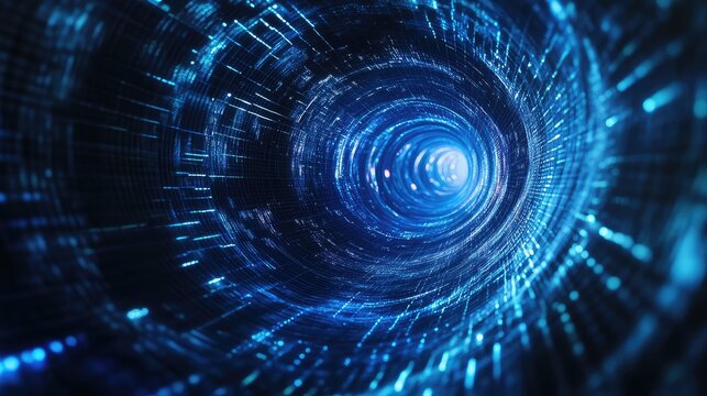 Digital data flowing through abstract blue technology tunnel - Powered by Adobe