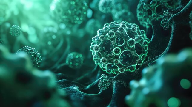 Microscopic virus cells multiplying in green fluid
