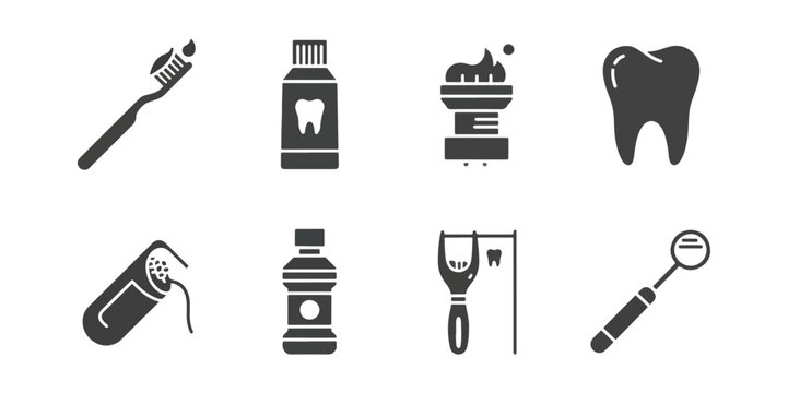 Dental health care icon set on black background