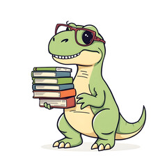Naklejka premium A cartoon dinosaur is holding a stack of books