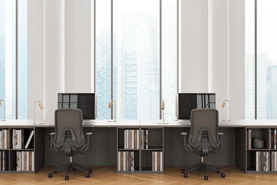 Modern office interior workspace with ergonomic chairs, dual computer setups, large panoramic windows and bookshelf storage design. 3D Rendering - Powered by Adobe