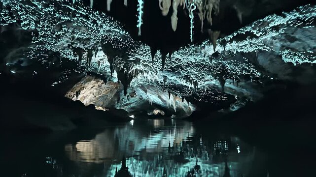 Glowing caverns and serene waters await discovery in this enchanting 4K, UHD underwater world featuring two cave entrances with small and larger bodies of water, perfect for conceptual uses.