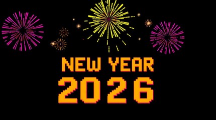 Vibrant New Pixelated Design Illustration of Exploding Fireworks with Bold Yellow Text Reading 'New Year 2026' for Celebration Designs.