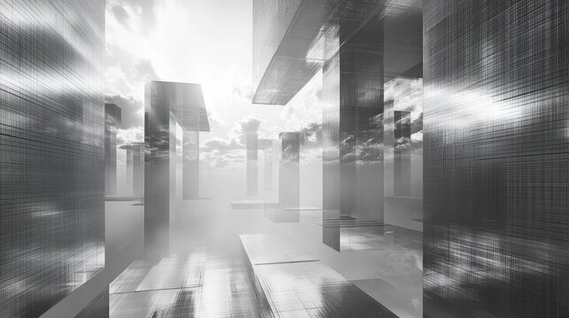 Abstract futuristic architecture reflecting sky and clouds in monochrome