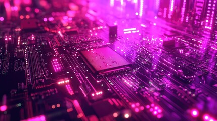 Obraz premium Computer circuit board processing data with glowing neon lights