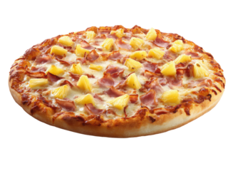 A pizza with ham and pineapple toppings