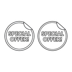 Two circular special offer stickers with peeling corners