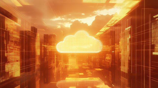 Cloud data technology integrating smart city infrastructure at sunset