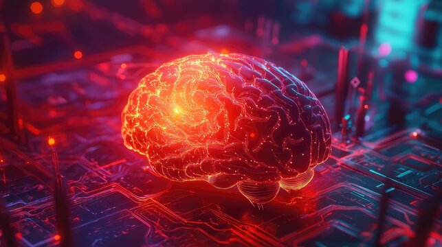 Artificial intelligence brain glowing on digital circuit board
