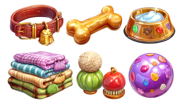 Glossy 3D Pet Accessories with Bone Bowl Collar Toys and Soft Blankets on Isolated Background