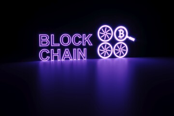 BLOCK CHAIN neon concept self illumination background 3D illustration