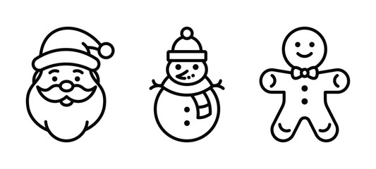christmas line icon set with santa claus snowman and gingerbread man